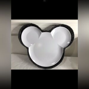 RARE Disney World Mickey Mouse Black Rattan Wicker Basket Tray w Melamine Plate
